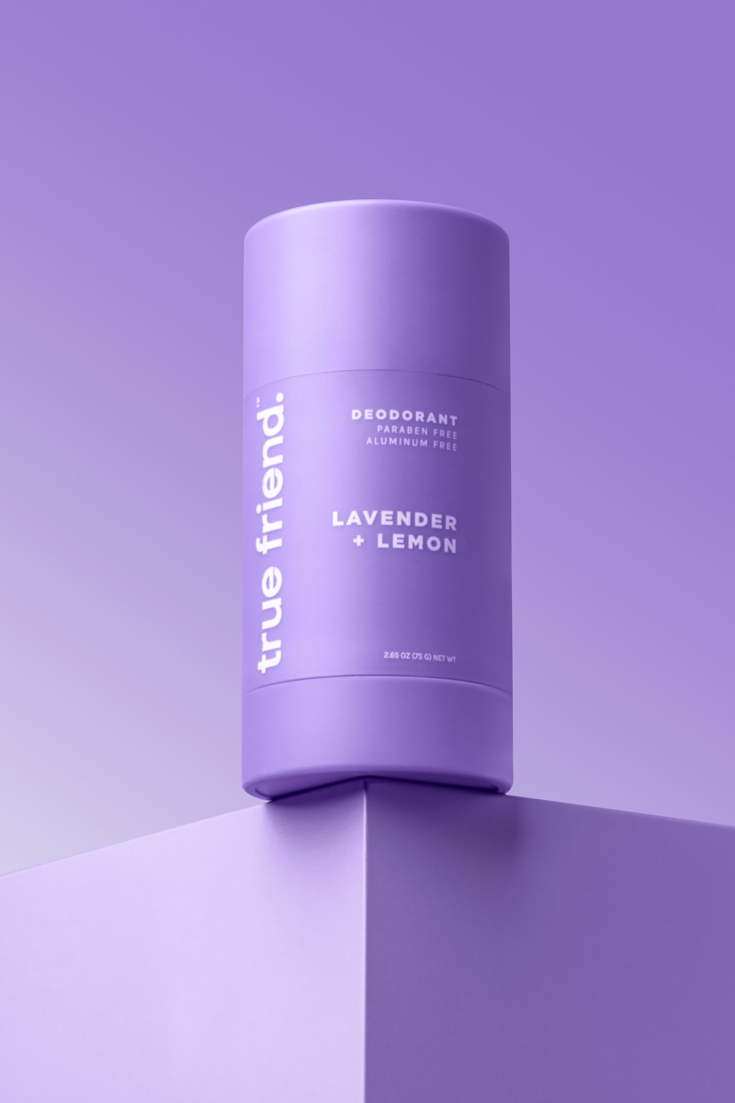 Purple True Friend lavender + lemon deodorant on a purple corner with a purple background