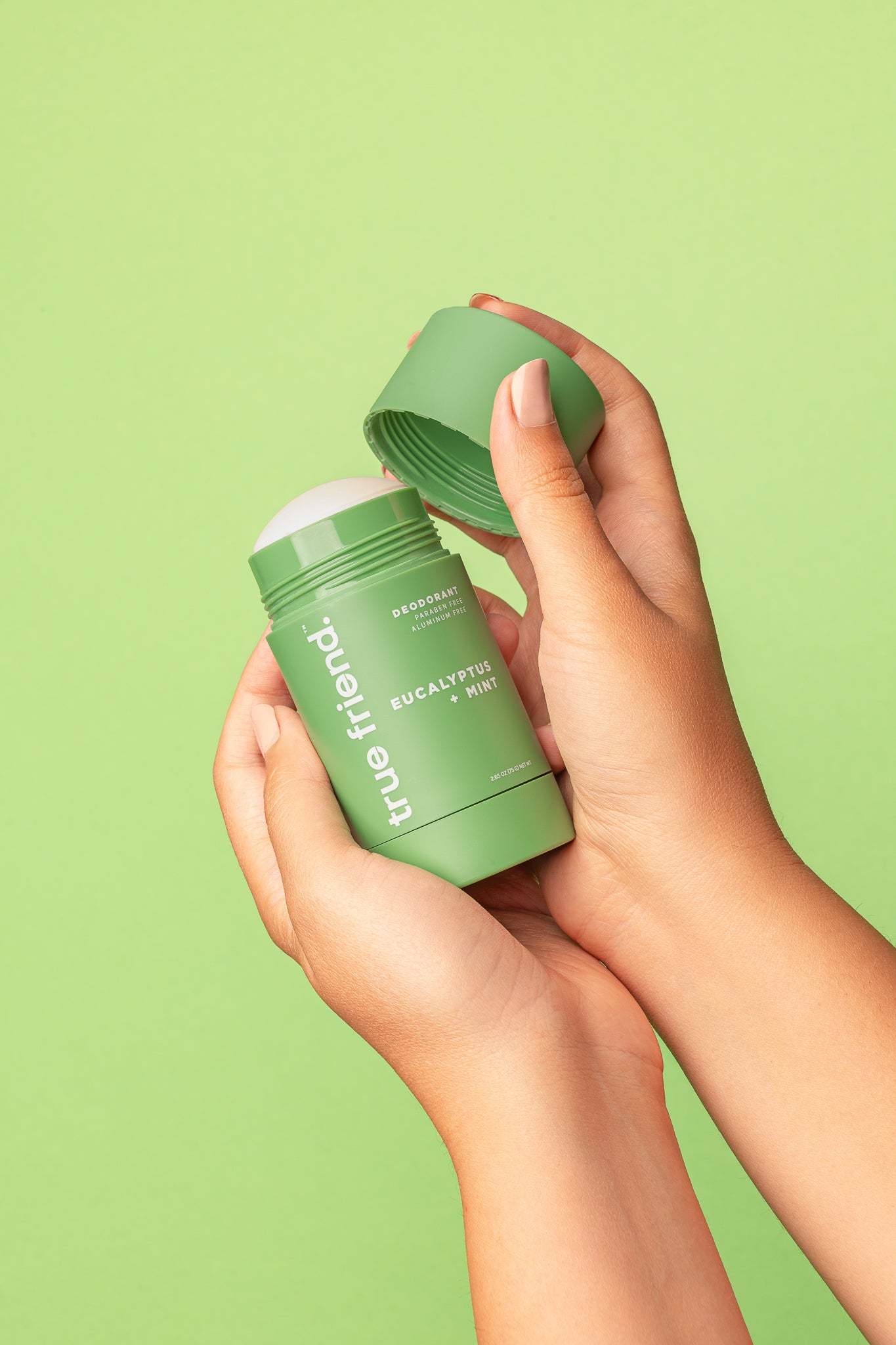 hands holding True Friend eucalyptus + mint deodorant
