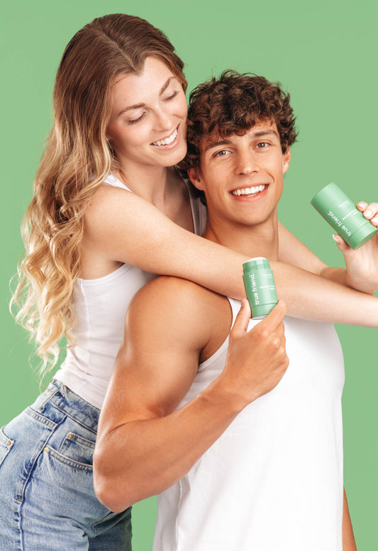 Woman and man holding True Friend eucalyptus + mint deodorants