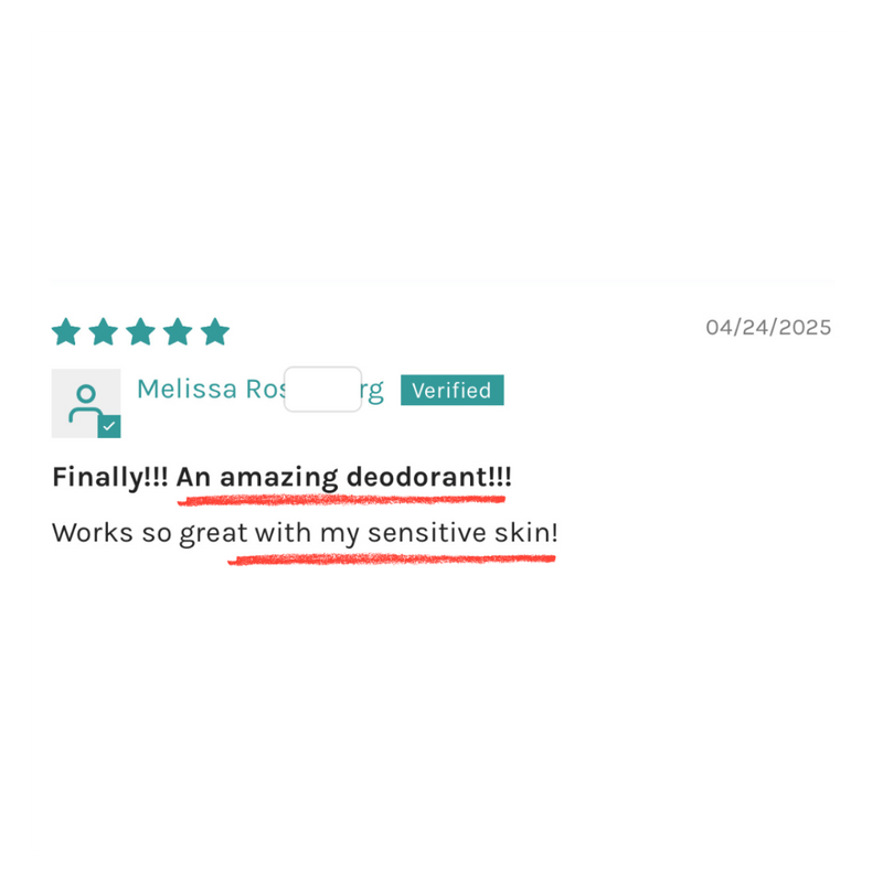 Product review with five-star rating and text praising deodorant for sensitive skin on a white background.