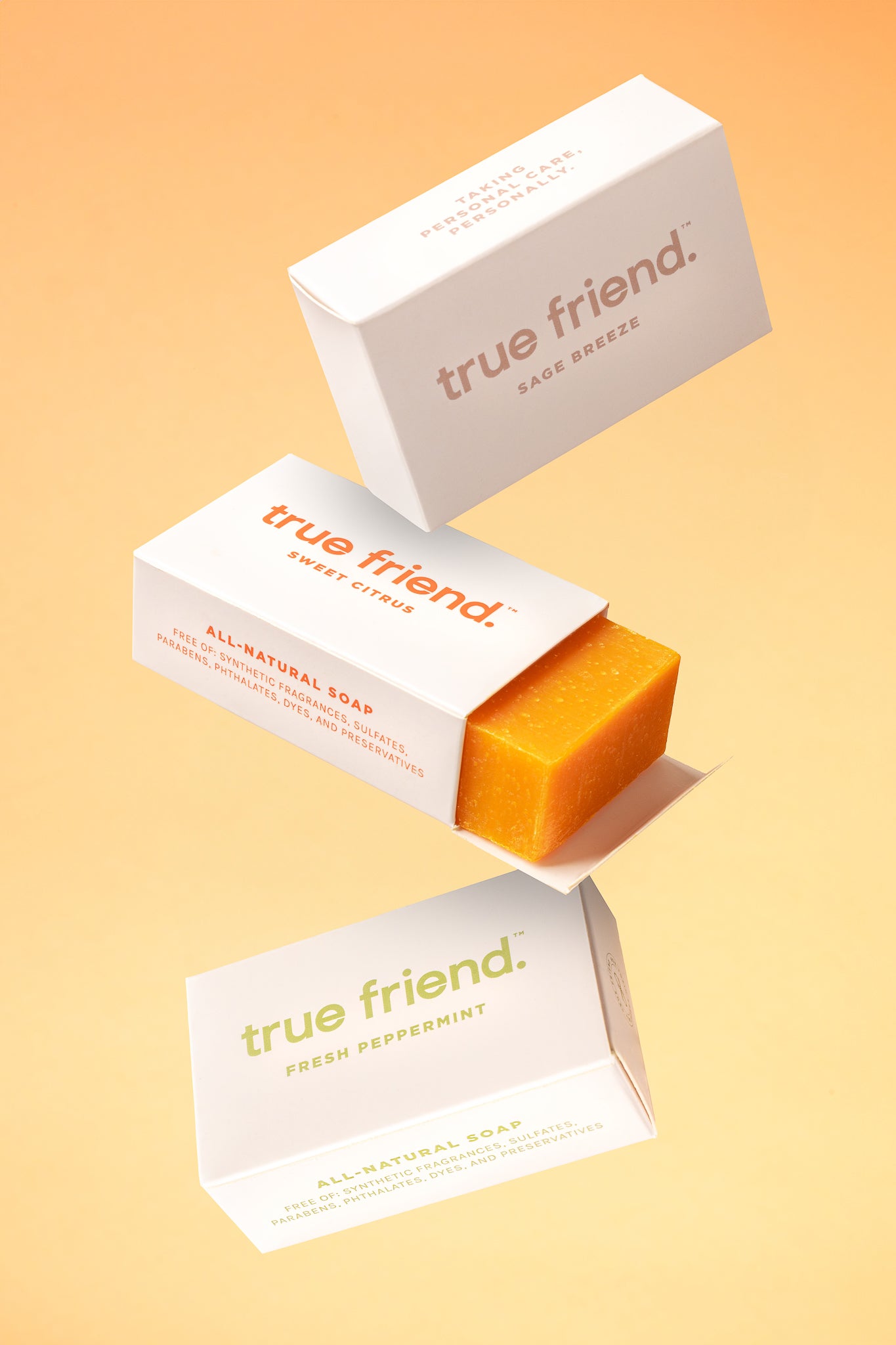 Three True Friend soap bars in the scents of sage breeze, citrus, and peppermint