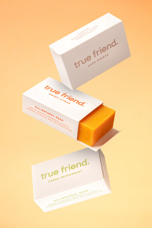 Three True Friend soap bars in the scents of sage breeze, citrus, and peppermint