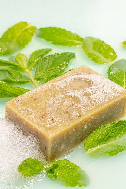 True Friend peppermint soap bar in water with peppermint leaves around the bar