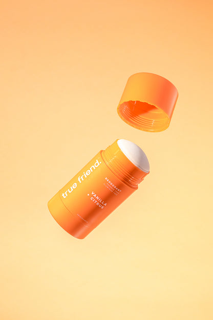 True Friend vanilla + citrus deodorant with the cap taken off