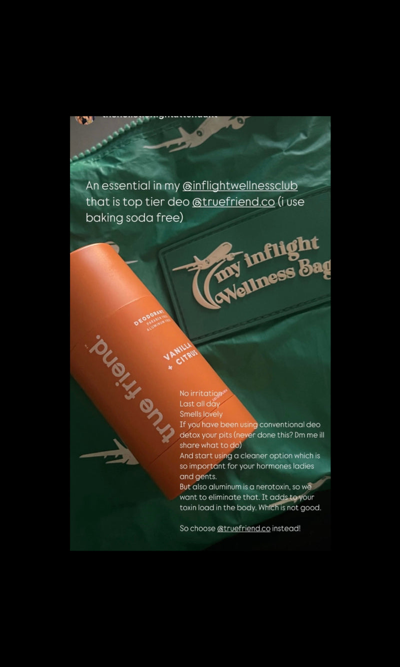 Green 'My Inflight Wellness Bag' with an orange deodorant stick and text overlay on a dark background.